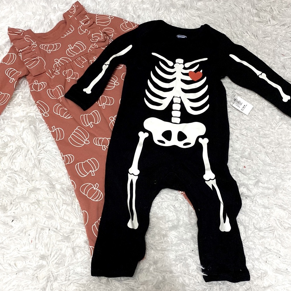 Fall Bundle: 2 metal button rompers Cat & Jack, Old Navy - pumpkin and skeleton